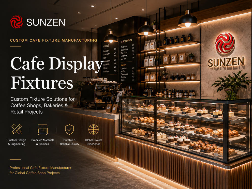 Custom cafe display fixtures and coffee shop display cabinets manufactured by SUNZEN